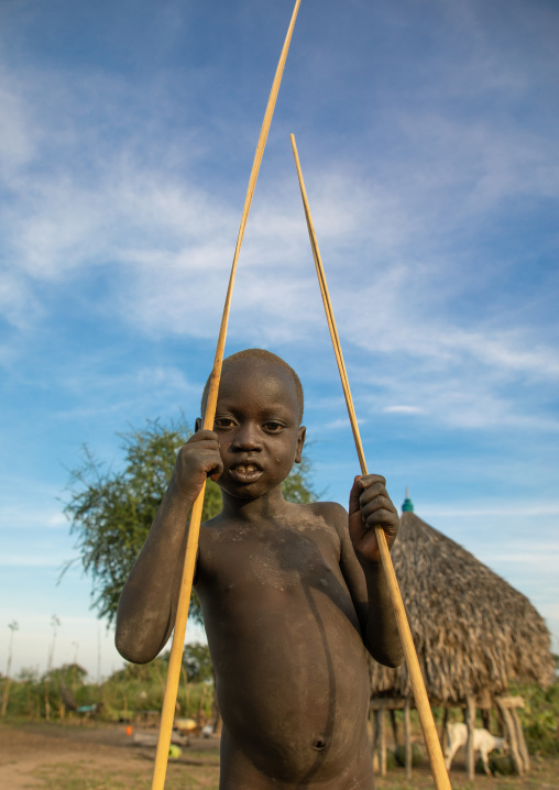Mundari tribe boy covered in ash taking care of long horns cows in a camp, Central Equatoria, Terekeka, South Sudan