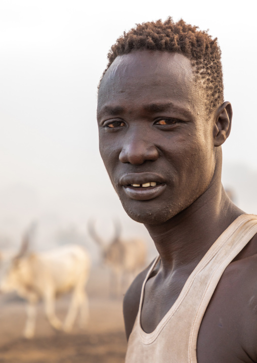 Portrait of a Mundari tribe man with hair dyed in orange with cow urine, Central Equatoria, Terekeka, South Sudan