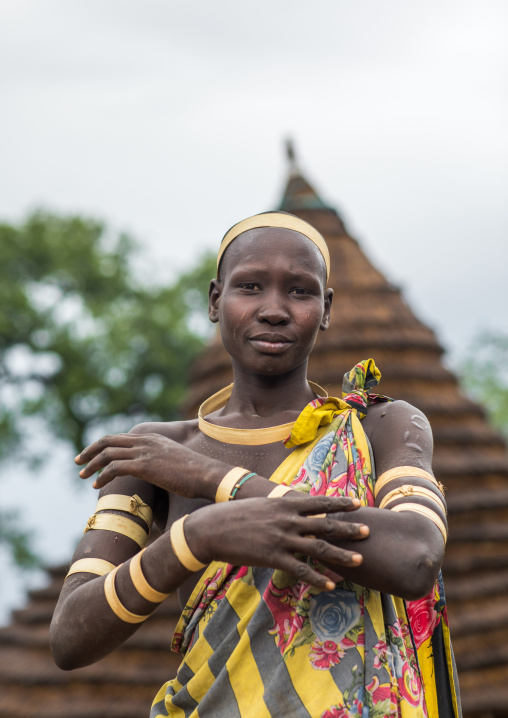 Portrait of a Larim tribe woman wearing bark bracelets as a sign of mourning, Boya Mountains, Imatong, South Sudan