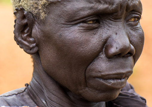Lotuko tribe old woman with the ears cut in the same way they do to their cows as decoration, Central Equatoria, Illeu, South Sudan