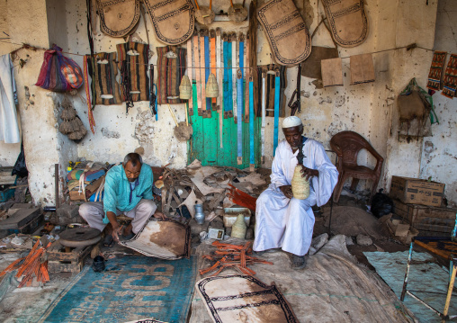 Sudanese men working on leather in the market, Kassala State, Kassala, Sudan