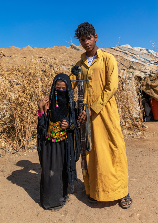 Portrait of Rashaida tribe teenage boy and girl in traditional clothing, Kassala State, Kassala, Sudan