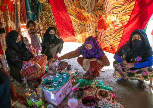 Rashaida tribe women inside their tent making coffee, Kassala State, Kassala, Sudan