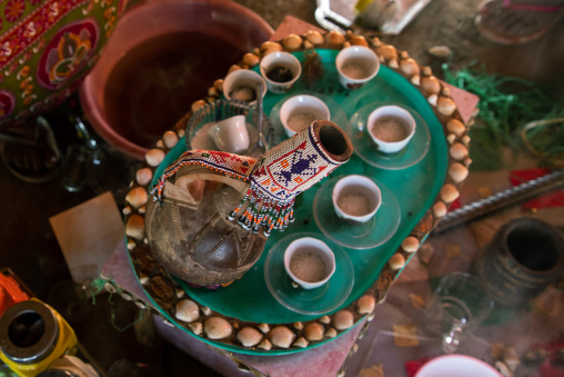 Coffee on table in Rashaida tribe, Kassala State, Kassala, Sudan