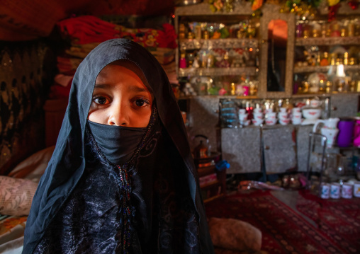 Portrait of Rashaida tribe veiled girl inside her house, Kassala State, Kassala, Sudan