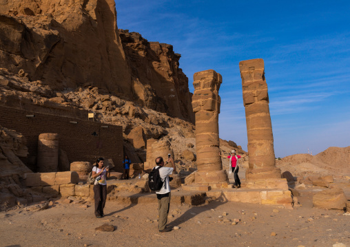 Hathor columns in the outer courtyard of the temple of mut at jebel Barkal, Northern State, Karima, Sudan