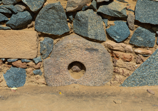 Millstone in a wall of al Ghazali christian monastery, Northern State, Wadi Abu Dom, Sudan
