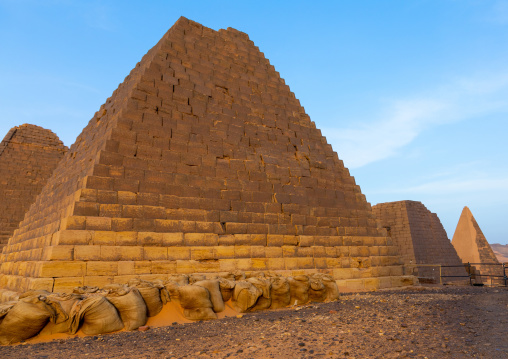 Sand bags protection a pyramids of the kushite rulers at Meroe, Northern State, Meroe, Sudan
