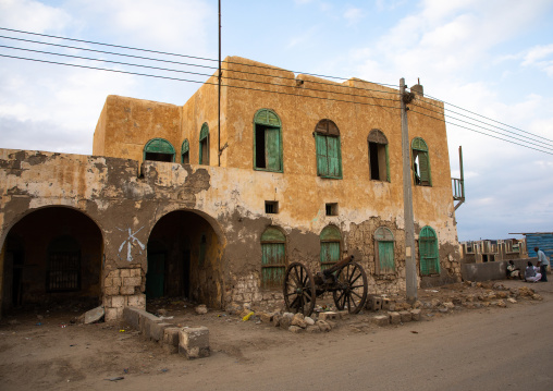 Old building with a wooden balcony on mainland, Red Sea State, Suakin, Sudan