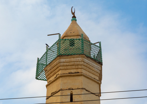 Wooden balcony at the top of a mosque minaret, Red Sea State, Suakin, Sudan