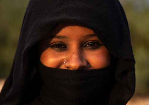 Portrait of a Rashaida tribe veiled woman, Red Sea State, Suakin, Sudan