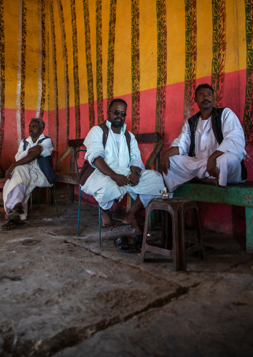 Beja tribe men drinking coffee in a bar, Red Sea State, Port Sudan, Sudan