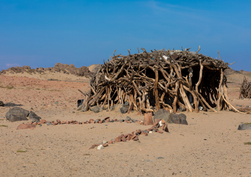 Wooden Beja house in an arid landscape, Red Sea State, Port Sudan, Sudan
