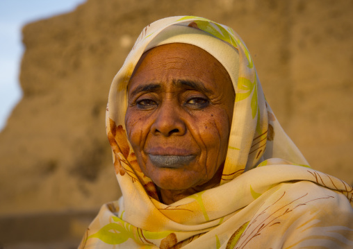 Sudan, Northern Province, Kerma, old sudanese woman with tattooed lips