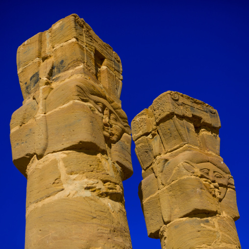 Sudan, Northern Province, Karima, hatoric style columns in the outer courtyard of the temple of amun and mut at the base of the jebel barkal