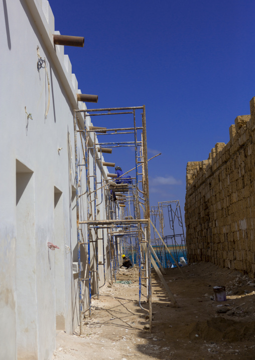 Sudan, Port Sudan, Suakin, scaffolding on a renovated building