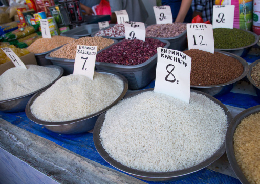 Bags of rice beans and sugar with prices in a market, Gorno-Badakhshan autonomous region, Khorog, Tajikistan