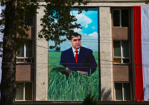 An oversized photo of Emomali Rahmon  President of Tajikistan on a building, Central Asia, Dushanbe, Tajikistan