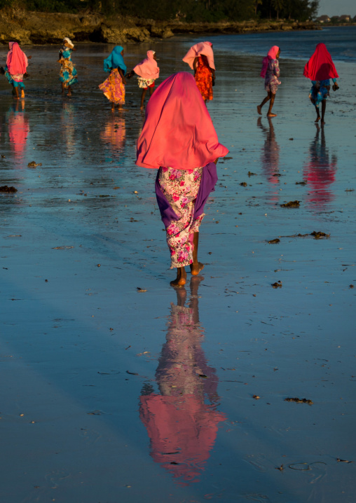 Tanzania, Zanzibar, Kizimkazi, veiled girls walking on the beach