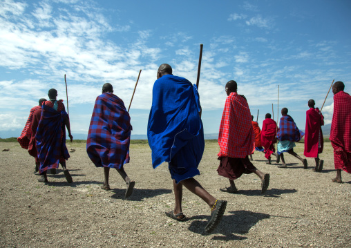 Tanzania, Ashura region, Ngorongoro Conservation Area, maasai men performing the warriors' dance