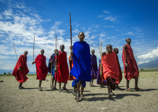 Tanzania, Ashura region, Ngorongoro Conservation Area, maasai men performing the warriors' dance