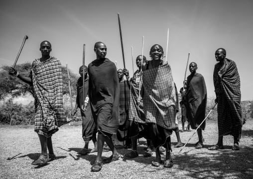 Tanzania, Ashura region, Ngorongoro Conservation Area, maasai men performing the warriors' dance