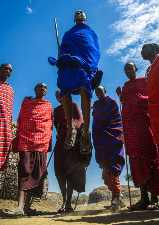 Tanzania, Ashura region, Ngorongoro Conservation Area, maasai men performing the warriors' dance
