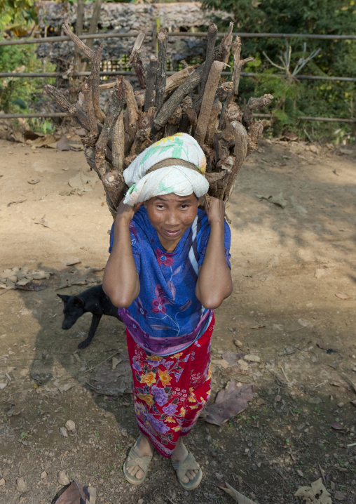 Keren tribe woman carrying wood on her back, Thailand