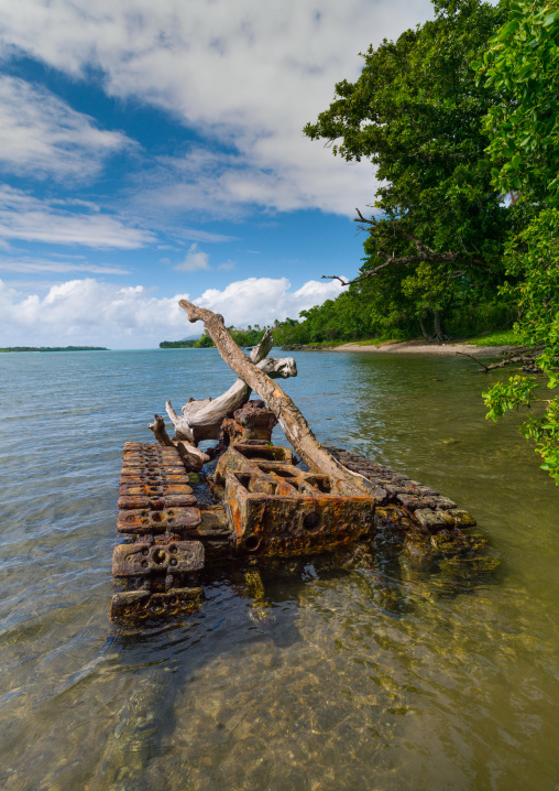 Rusting and abandoned world war 2 american tank left for many years after being dumped in the sea, Shefa Province, Efate island, Vanuatu
