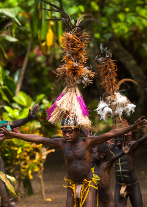 Small Nambas tribesmen with Big headdresses dancing during the palm tree dance, Malekula island, Gortiengser, Vanuatu