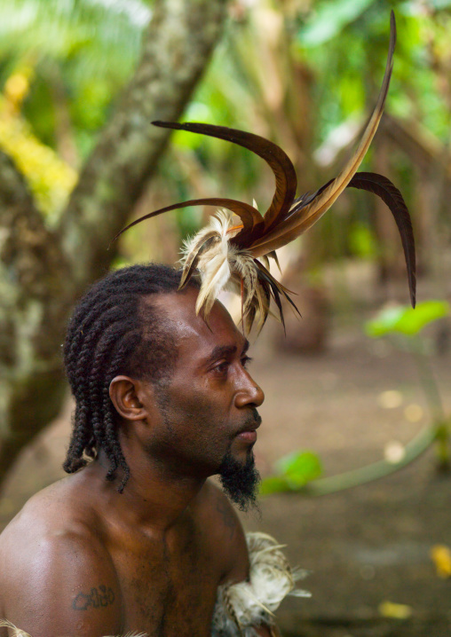 Portrait of a Small Nambas tribesman with feathers in the hair, Malekula island, Gortiengser, Vanuatu