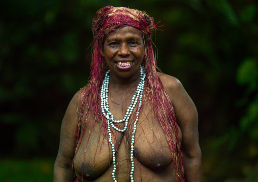 Portrait of a Big Nambas tribe woman with upper teeth removed as a tradition, Malampa Province, Malekula Island, Vanuatu
