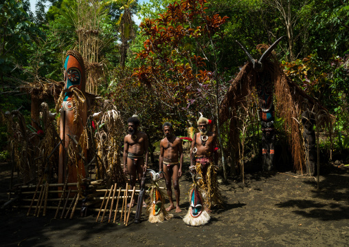 Portrait of chieftain Etul and his sons in front of the nakamal, Ambrym island, Fanla, Vanuatu