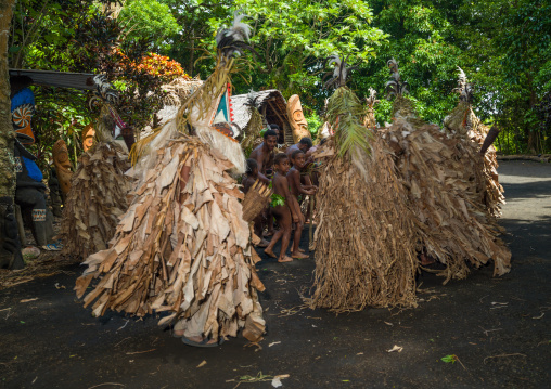 Tribesmen dressed in colorful masks and costumes made from the leaves of banana trees performing a Rom dance, Ambrym island, Fanla, Vanuatu