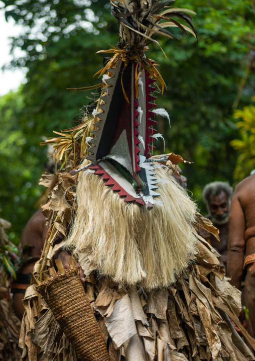 Tribesmen dressed in colorful masks and costumes made from the leaves of banana trees performing a Rom dance, Ambrym island, Fanla, Vanuatu