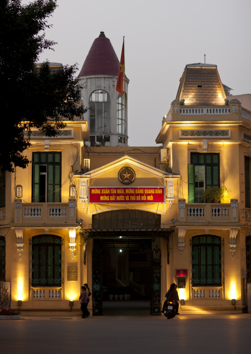 Official building lighted at night, Hanoi, Vietnam