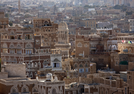 Traditional Storeyed Tower Houses Built Of Rammed Earth In The Old Fortified City Of Sanaa, Yemen
