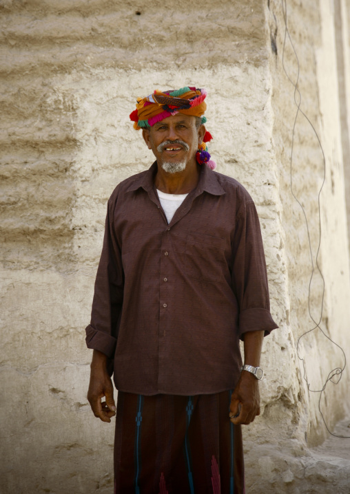 Old Man Wearing  A Colourful Turban With Bobbles, Hadramaut, Yemen