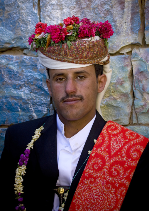 Young Groom With A Traditional Turban Full Of Flowers At His Wedding, Thula, Yemen