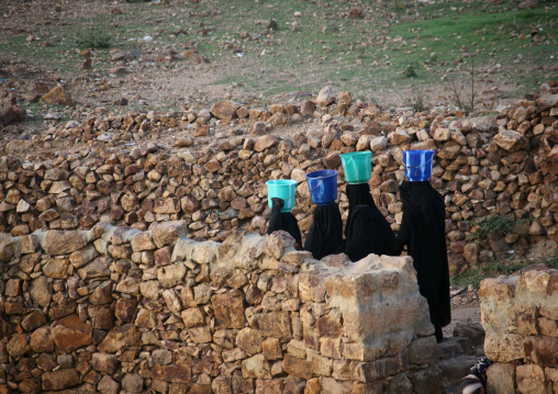 Women In Black Walking In Line With A Bucket On Their Head To Go Fetch Water, Shahara, Yemen