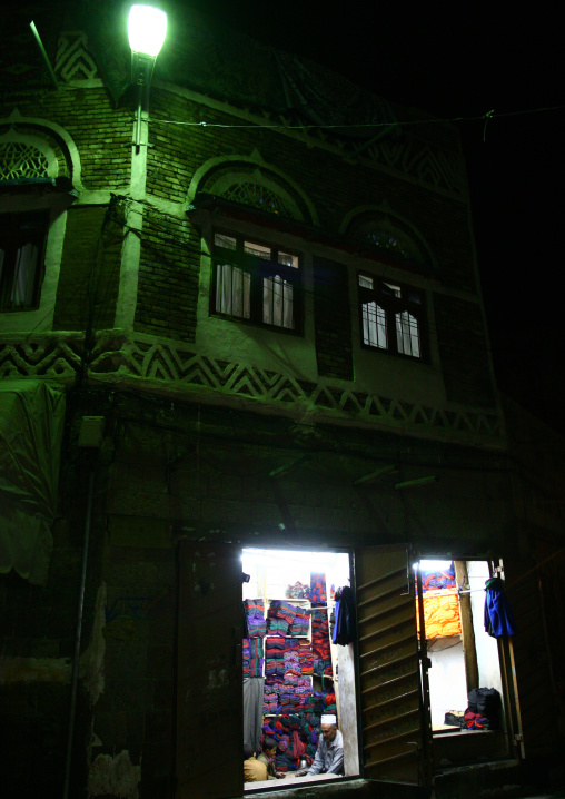 Night View Of A Clothes Shop Under A Green Light, Sanaa, Yemen