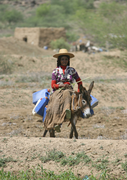 Woman With A Hat Riding A Donkey And Looking For Water, Hodeidah, Yemen