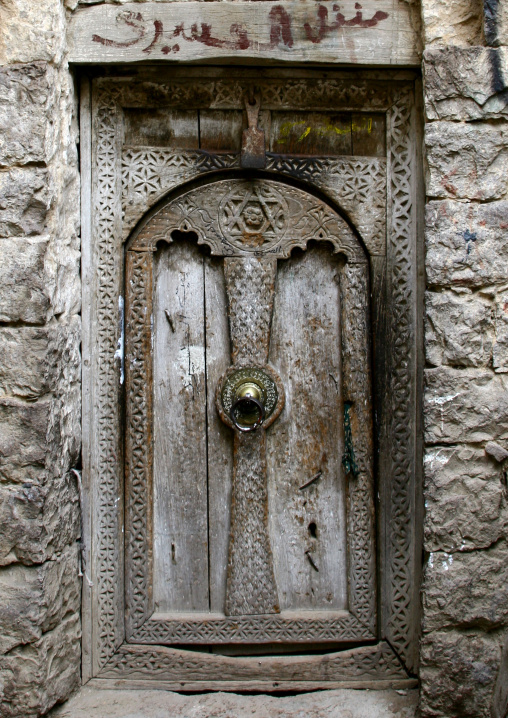 Artistically Carved Old Jewish House Wooden Door, Yemen