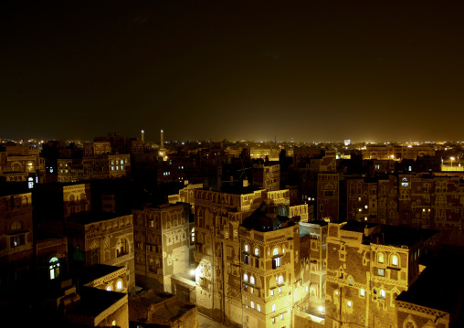 Night View Of Storeyed Tower Houses Built Of Rammed Earth, Sanaa, Yemen