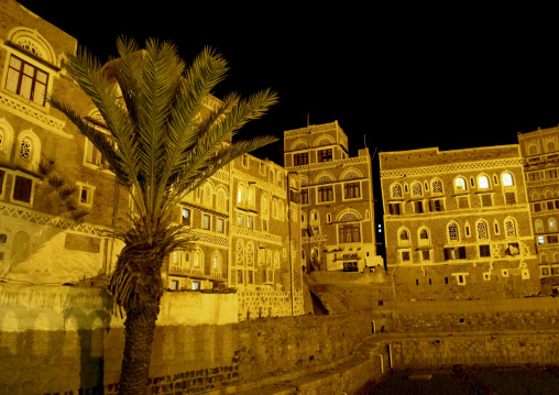 Night View Of Storeyed Tower Houses Built Of Rammed Earth, Sanaa City, Yemen