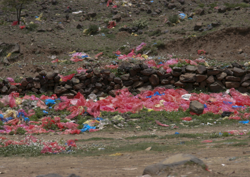 View Of The Colourful Plastic Bags Used For Qat, Ibb, Yemen