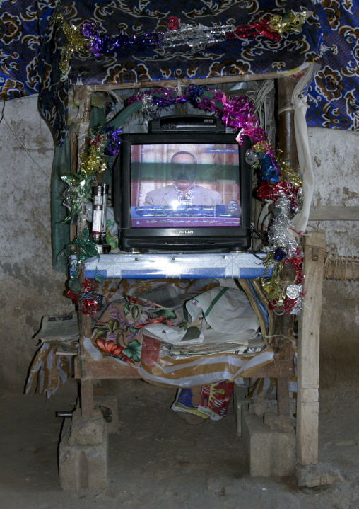 Televison With  Decorations In A Restaurant, Yemen