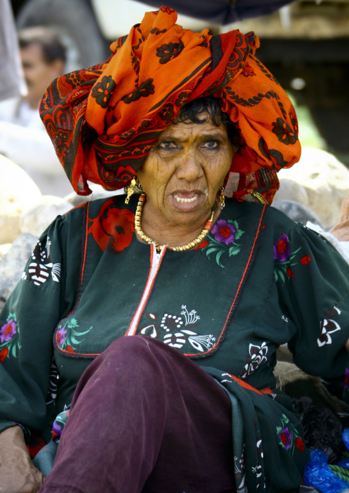 Old Woman With Orange Scarf, Jewels And Kohl, Jebel Saber, Taiz, Yemen