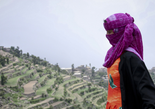 Profile Of A Young Veiled Woman And Terrace Cultivation In The Background, Manakha, Yemen