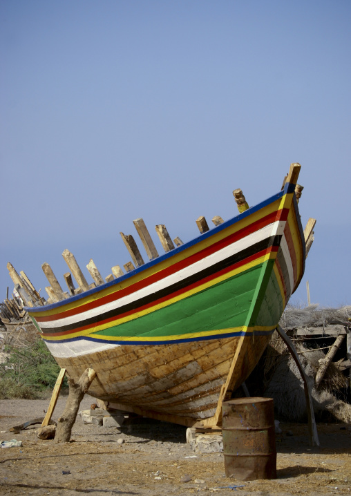 Colourful Dhow In  Drydock, Al Khukaha Harbor, Yemen
